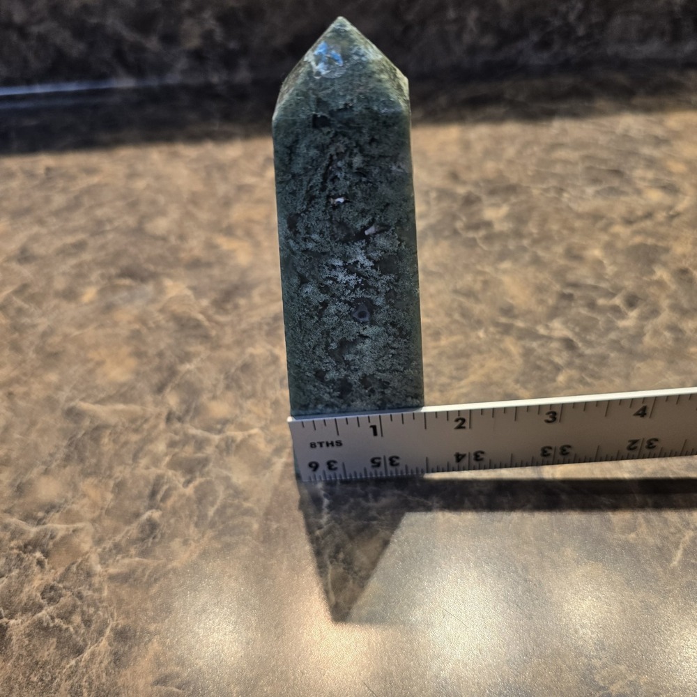 Moss Agate Crystal Tower 4.75" Polished Green Stone Point - Picture 5 of 6